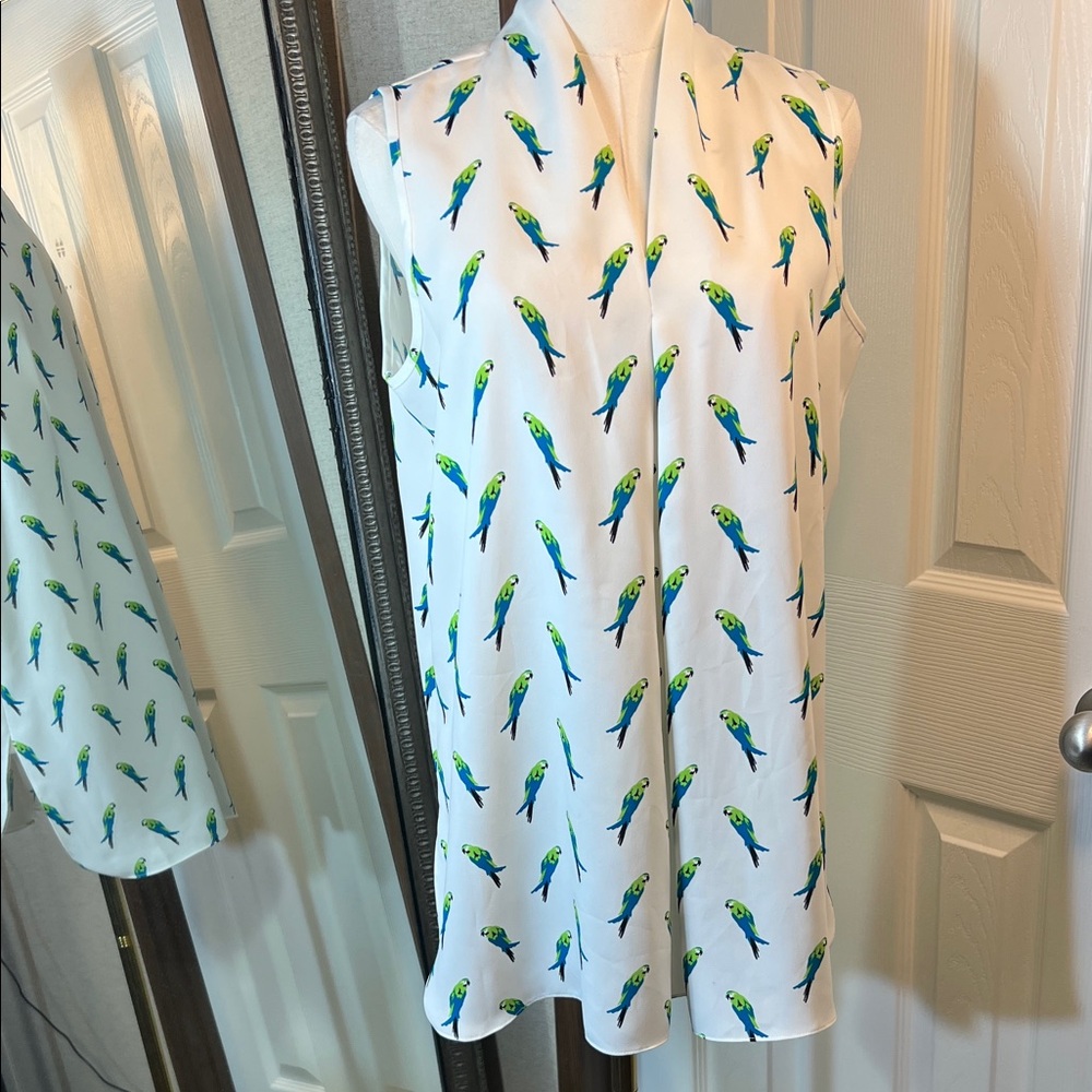 Peck & Peck White Blouse with Blue and Green Parrot Print